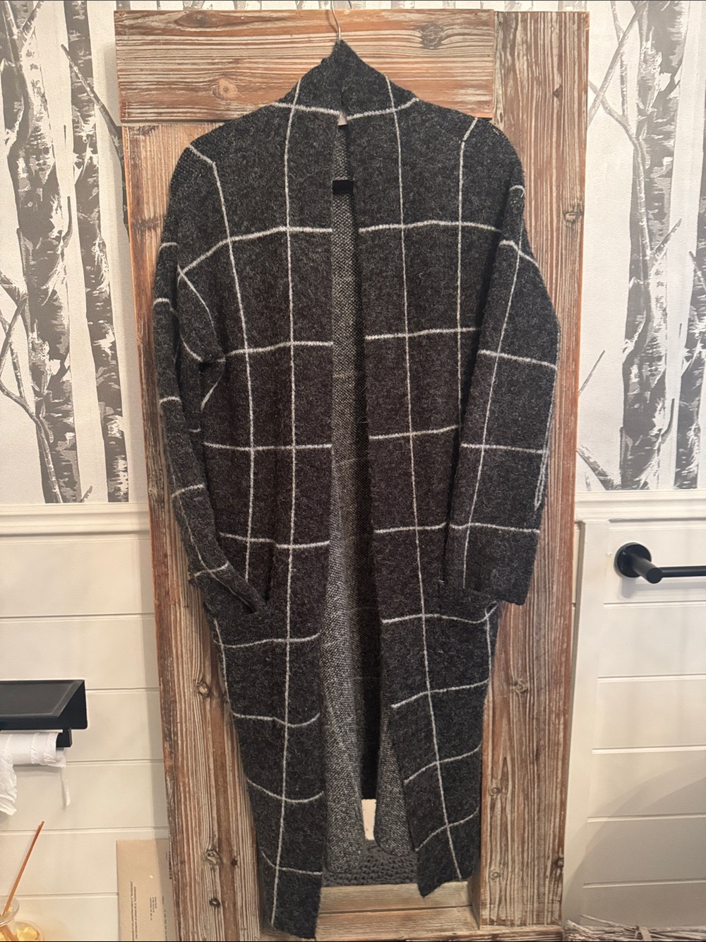 Cyrus Charcoal Gray Windowpane Open-Front Long Pea Coat